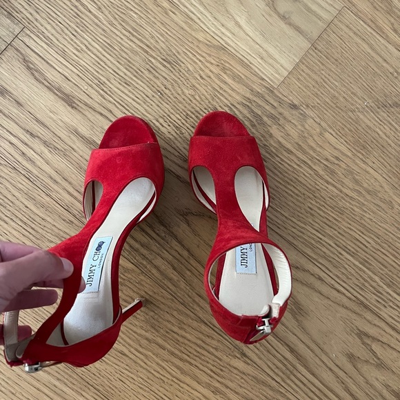 Gently used Jimmy Choo Red Suede T strap heels - Picture 2 of 15